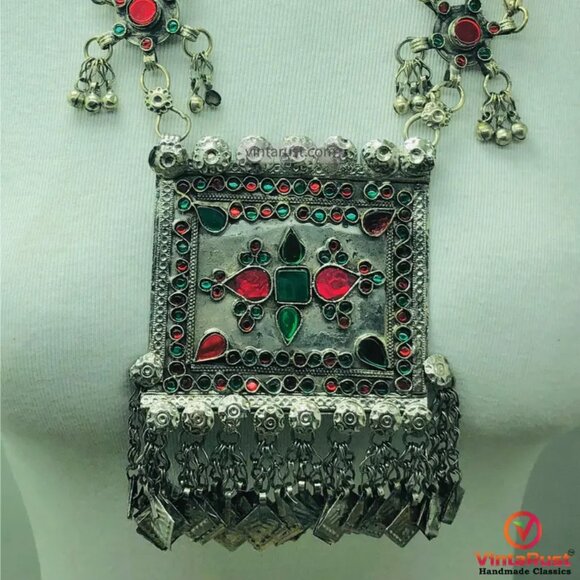 Ethnic Afghan Tribal Necklace, Handcrafted Afghan Necklace with Red and Green - Picture 3 of 11